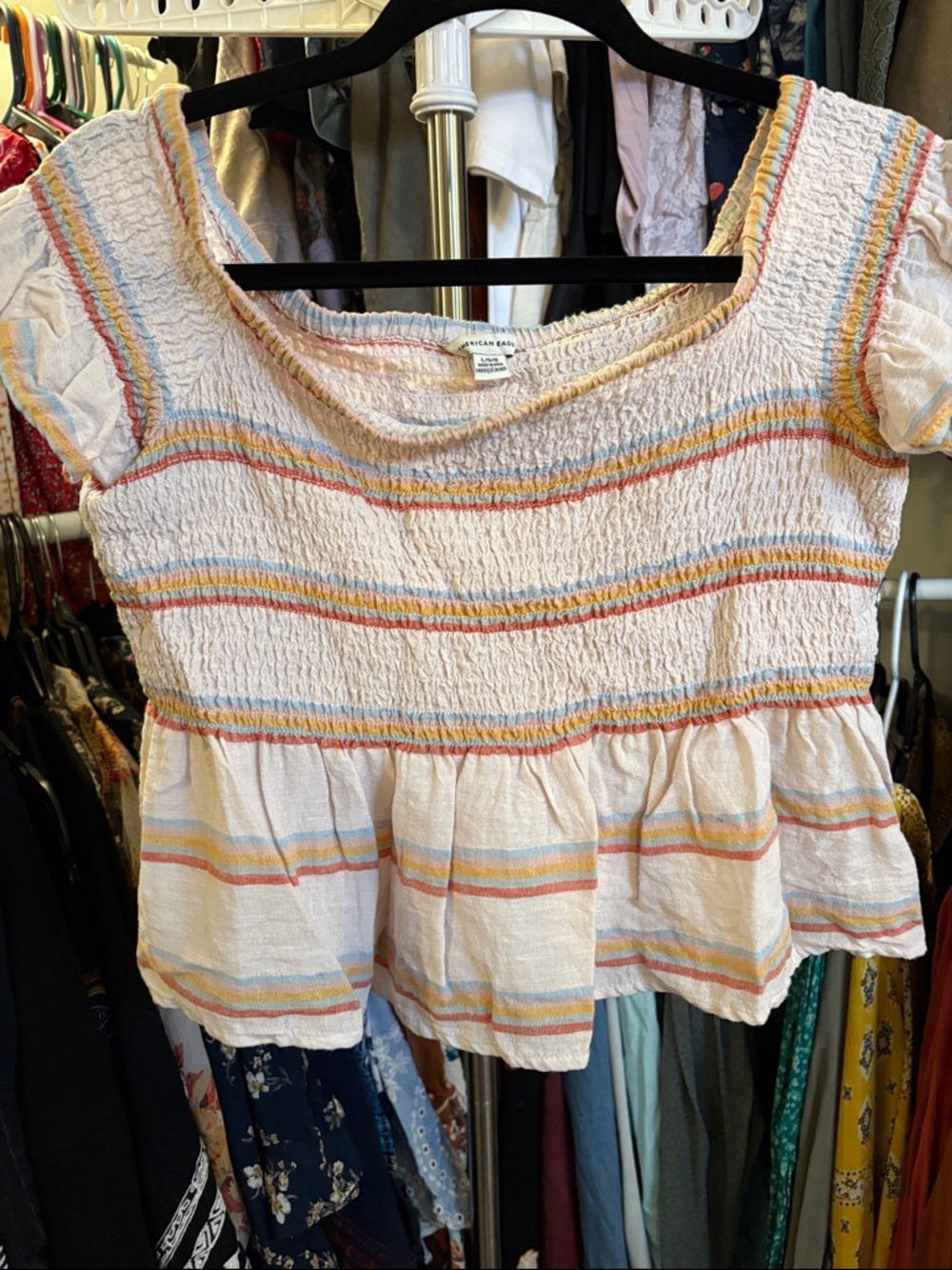 American Eagle Outfitters Cream Smocked Crop Top with Pastel Stripe Accents